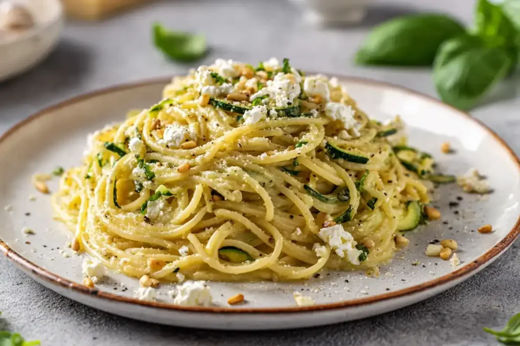 Detailaufnahme von cremiger Zucchini-Feta-Soße mit Pasta, Feta-Stückchen, gerösteten Pinienkernen und frischen Kräutern