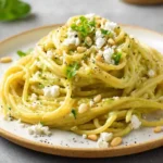 Cremige Nudeln in Zucchini-Feta-Soße auf einem Teller mit Zitronenabrieb und Pinienkernen, von oben fotografiert