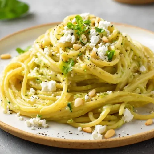 Cremige Nudeln in Zucchini-Feta-Soße auf einem Teller mit Zitronenabrieb und Pinienkernen, von oben fotografiert