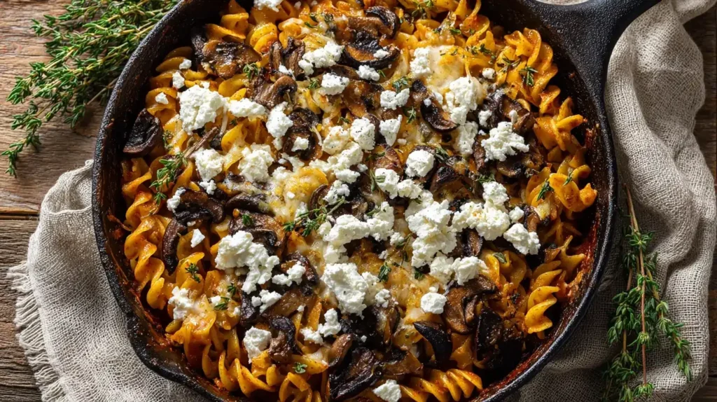 Servierte Nudelpfanne mit Champignons, Zucchini, Feta und Petersilie auf Holzuntergrund, familienfreundlich