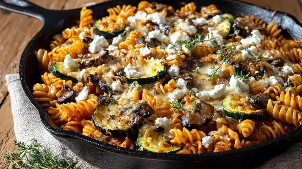 Nudelpfanne mit Champignons und Zucchini in Pfanne, Feta und geschmolzenem Käse, mediterranes Gericht