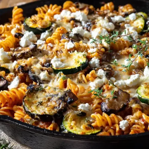 Nudelpfanne mit Champignons und Zucchini in Pfanne, Feta und geschmolzenem Käse, mediterranes Gericht