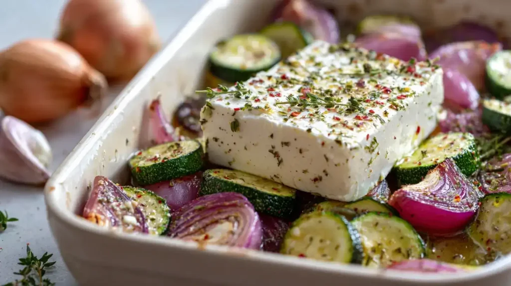 Mediterrane Ofen-Zucchini mit Feta, roten Zwiebeln und Knoblauch