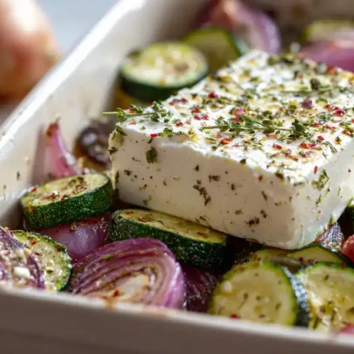 Mediterrane Ofen-Zucchini mit Feta, roten Zwiebeln und Knoblauch