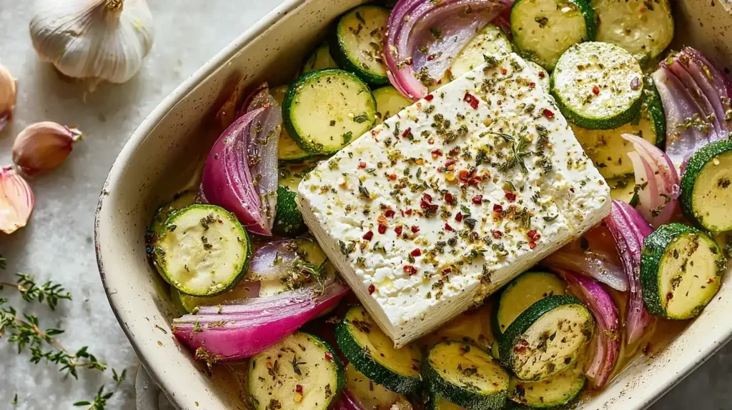 Ofen-Zucchini mit Feta frisch aus dem Ofen in Auflaufform