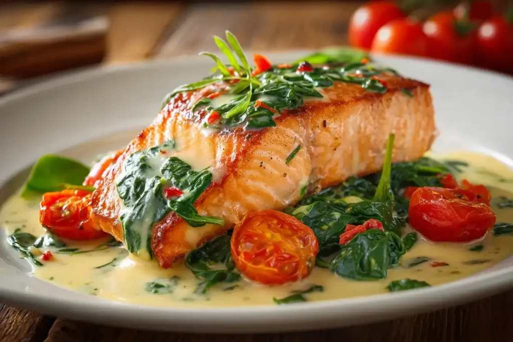 Saftiger Ofenlachs mit Spinat und Tomaten auf Teller serviert