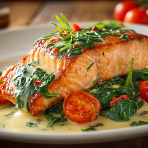 Saftiger Ofenlachs mit Spinat und Tomaten auf Teller serviert