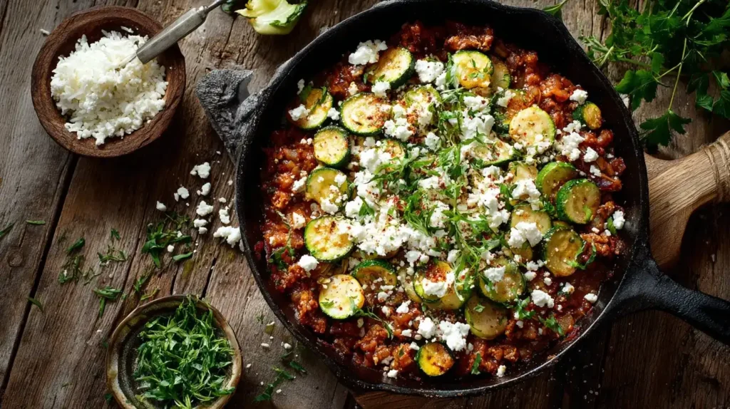 One Pot Hackfleischpfanne mit Zucchini und Reis
