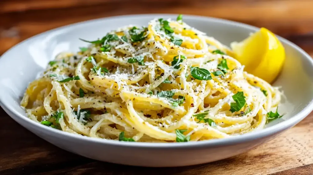 One Pot Lemon Pasta Servierte One Pot Lemon Pasta in einer Schale, garniert mit Basilikum, Petersilie und Parmesan