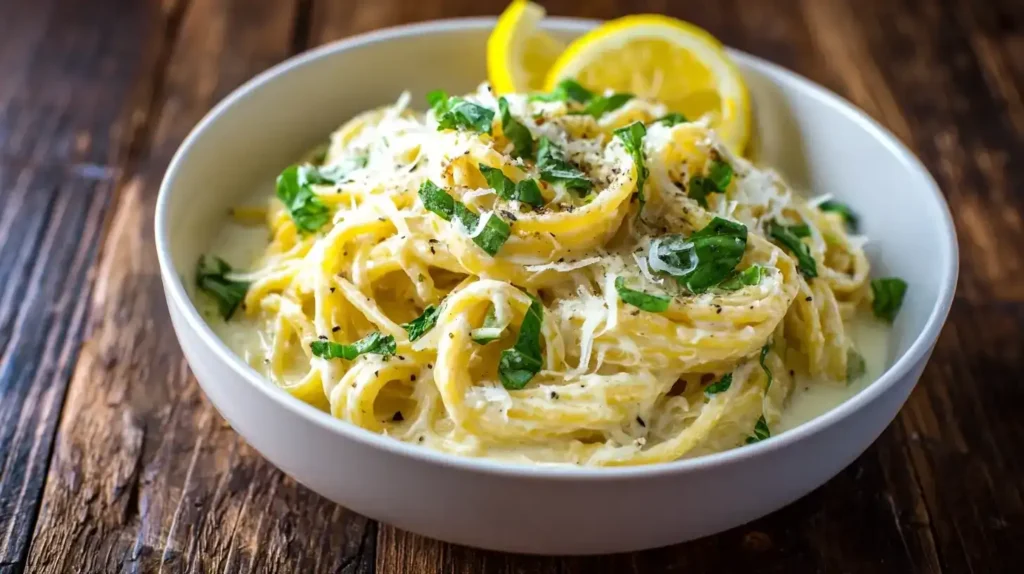Cremige One Pot Lemon Pasta mit Spaghetti, frischer Zitrone, Basilikum und Parmesan