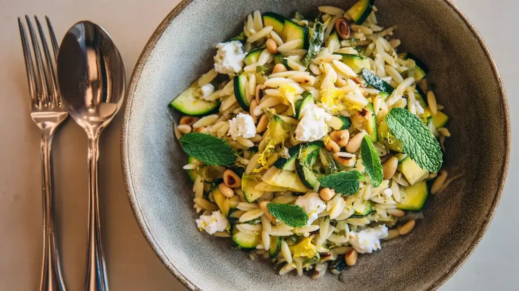 Mediterraner Orzo-Zucchini-Salat mit Minze und Pinienkernen