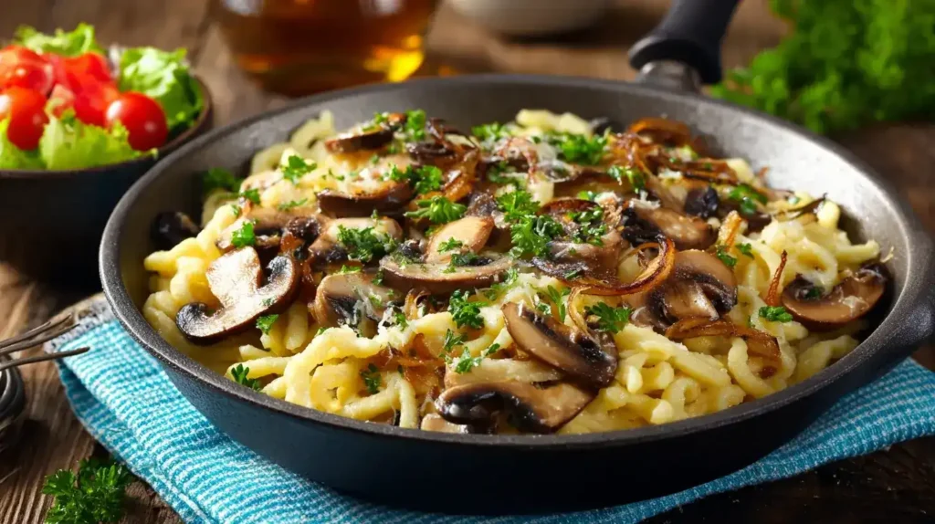 Spätzle-Pfifferling-Pfanne Spätzle-Pfifferling-Pfanne cremig in Pfanne serviert