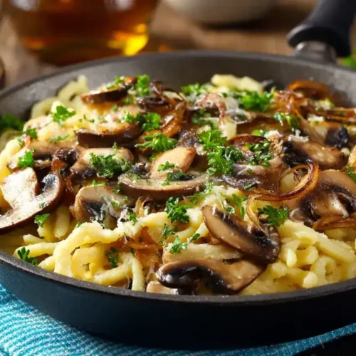 Spätzle-Pfifferling-Pfanne cremig in Pfanne serviert