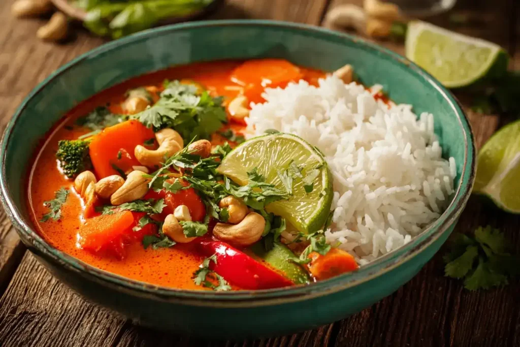 Schüssel mit cremigem Pak Choi Curry, bunter Paprika, Zucchini und Jasminreis, garniert mit Cashewkernen und Koriander