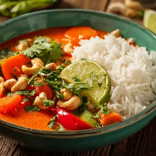 Schüssel mit cremigem Pak Choi Curry, bunter Paprika, Zucchini und Jasminreis, garniert mit Cashewkernen und Koriander