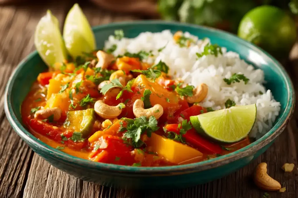 Frische Zutaten für Pak Choi Curry – Pak Choi, Paprika, Zucchini, Kokosmilch und Gewürze auf einem Holzbrett