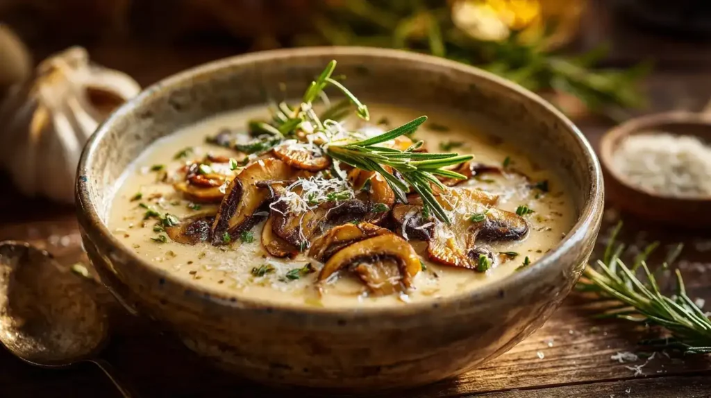 Herbstliche Parmesan-Pilzsuppe serviert mit frischen Pilzen und Parmesan
