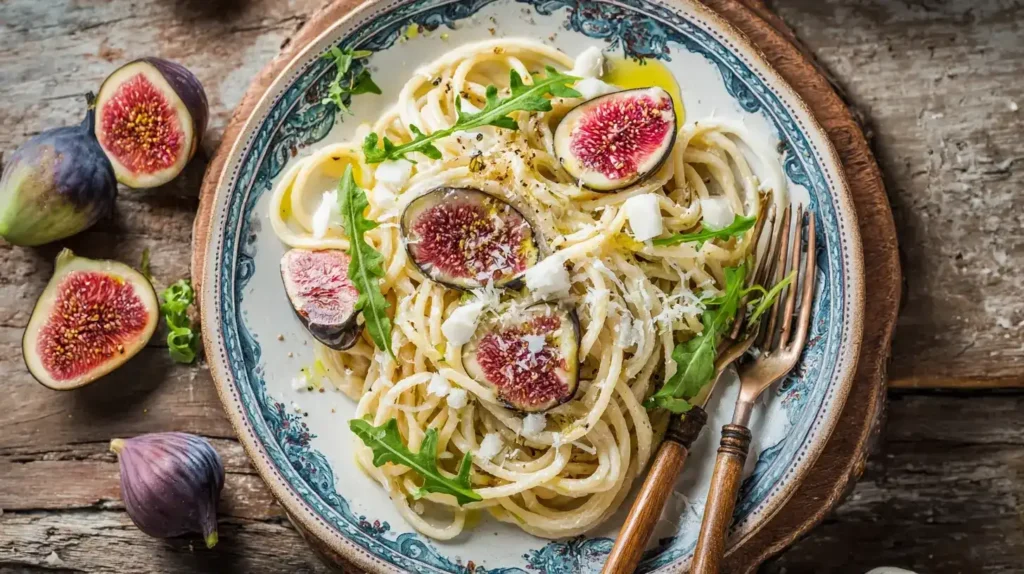 Nahaufnahme von Pasta mit Rucola, Feigen und Myzithra-Käse, garniert mit Olivenöl