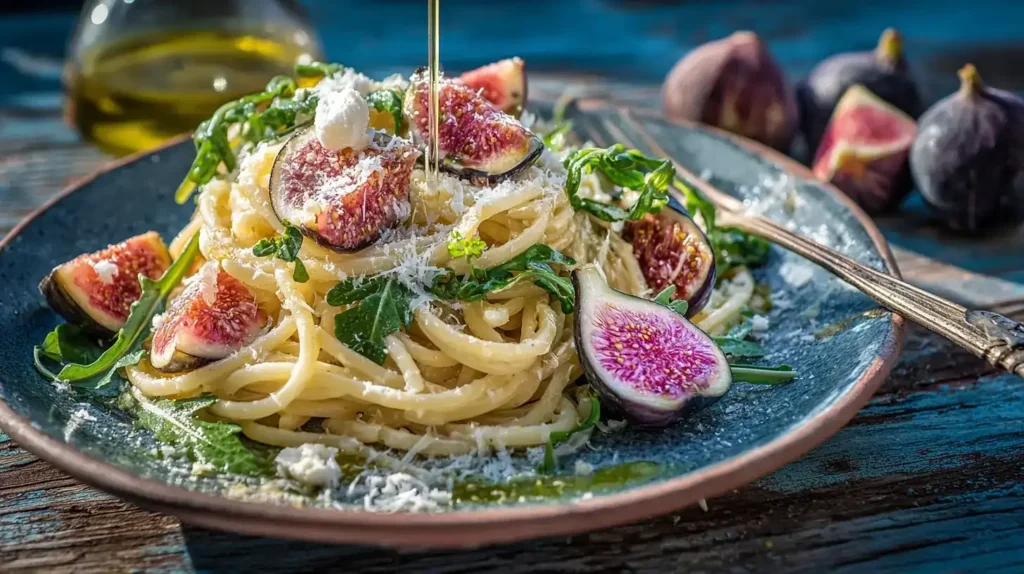 Mediterrane Pasta mit Rucola, frischen Feigen und Myzithra auf einem Teller serviert