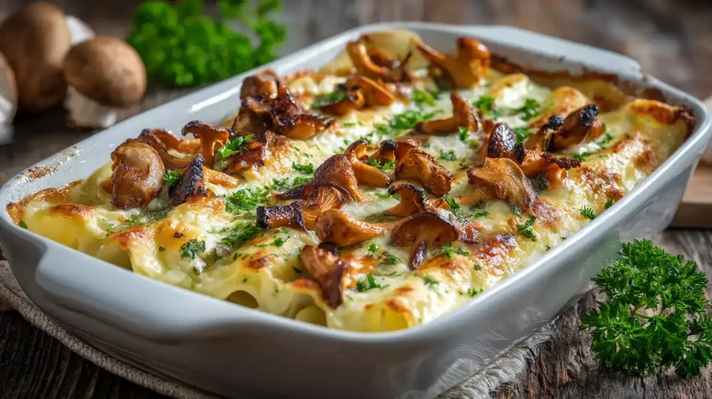 Cremige Pfifferling-Cannelloni auf Teller serviert mit frischer Petersilie