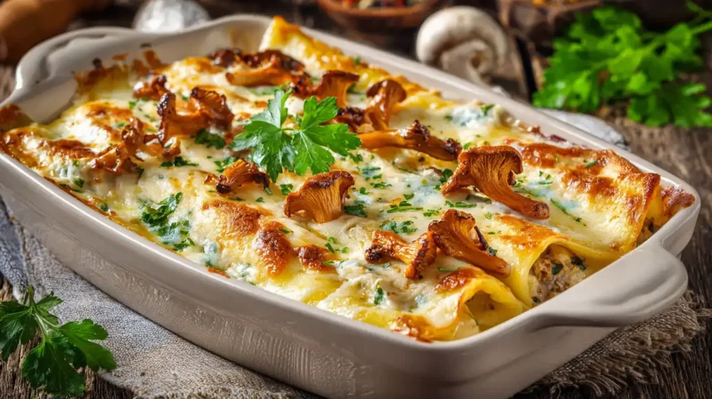 Überbackene Pfifferling-Cannelloni mit goldbrauner Käsekruste in Auflaufform
