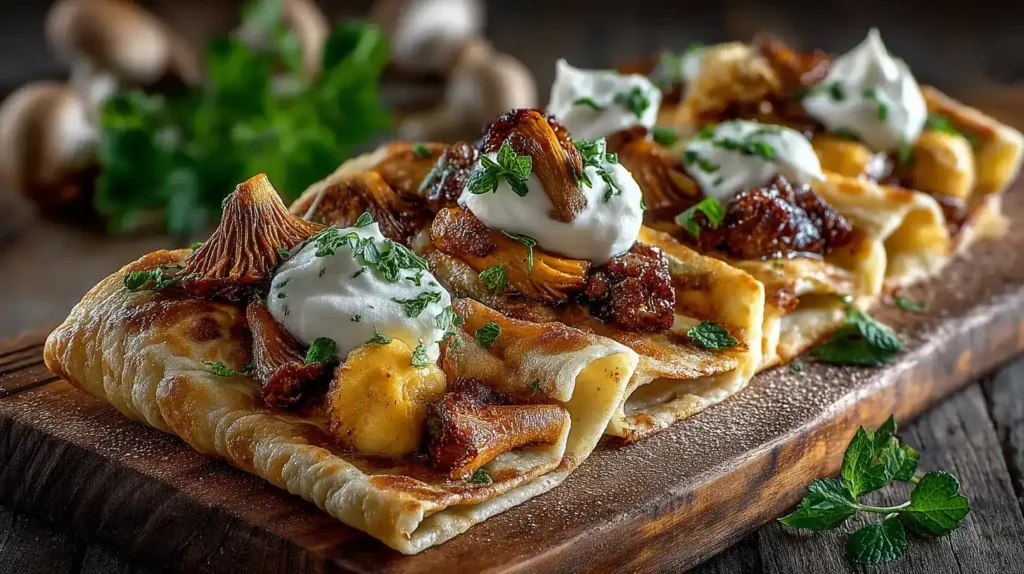 Knuspriger Pfifferling-Flammkuchen mit Speck und Petersilie auf Holzbrett