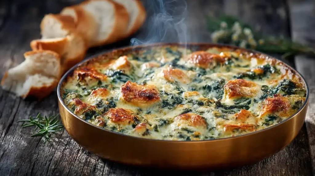Servierte Portion Pfifferling-Spinat-Gratin mit frischem Baguette
