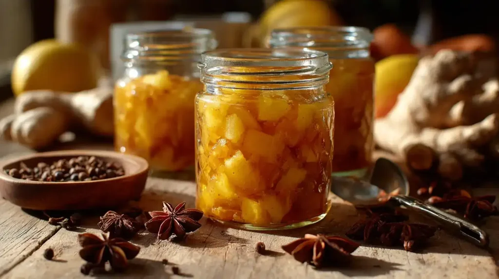 Hausgemachtes Pfirsich-Chutney in Gläsern mit Gewürzen