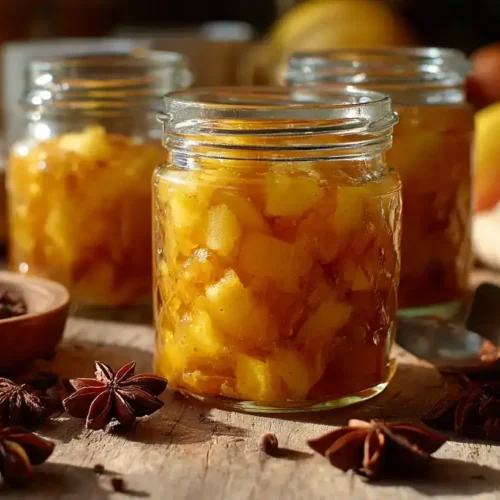 Hausgemachtes Pfirsich-Chutney in Gläsern mit Gewürzen
