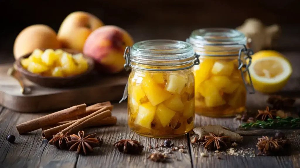 Pfirsich-Chutney als Beilage zu Käse auf Holzbrett