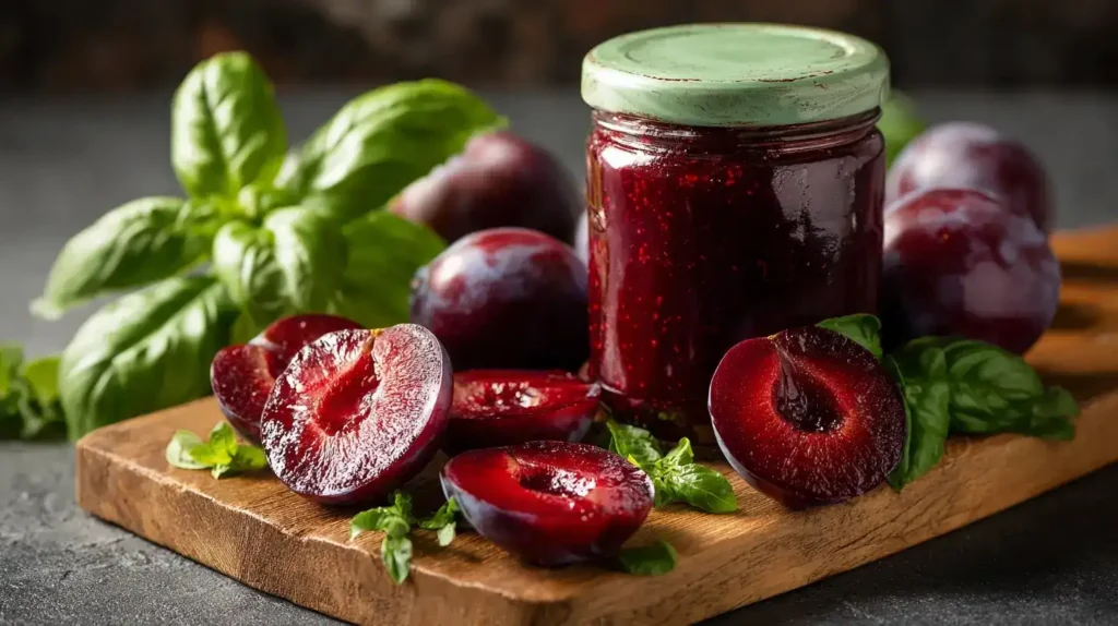 Pflaumen-Basilikum-Marmelade auf frischem Brot serviert