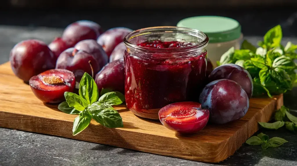 Pflaumen-Basilikum-Marmelade im Glas auf Holztisch