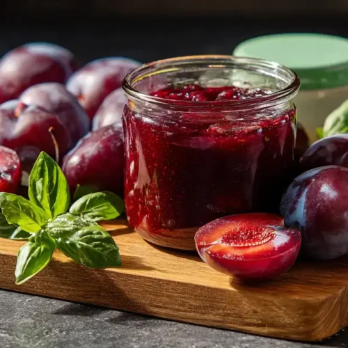 Pflaumen-Basilikum-Marmelade im Glas auf Holztisch