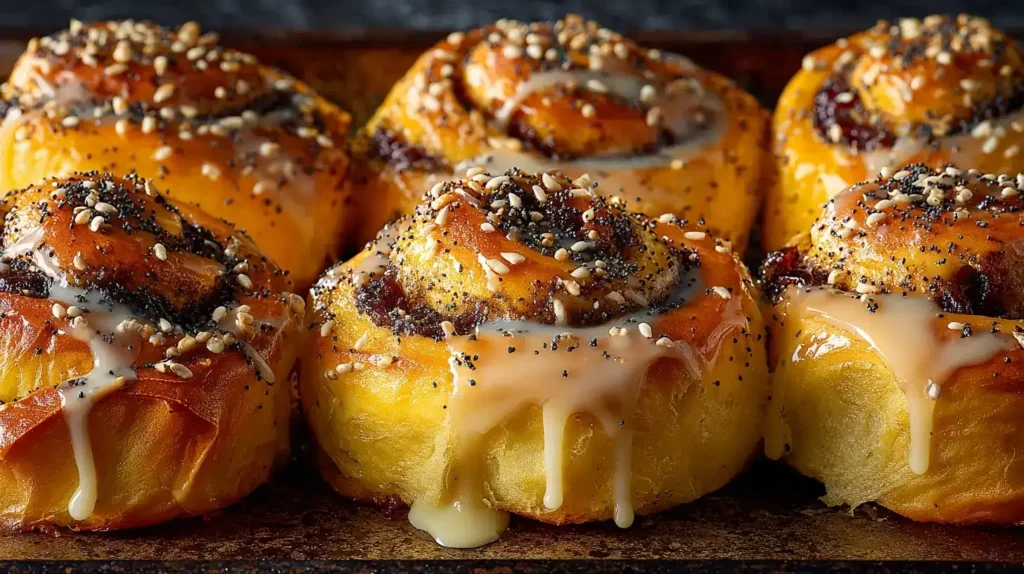 Pflaumen-Mohnschnecken auf Backblech, goldbraun und saftig