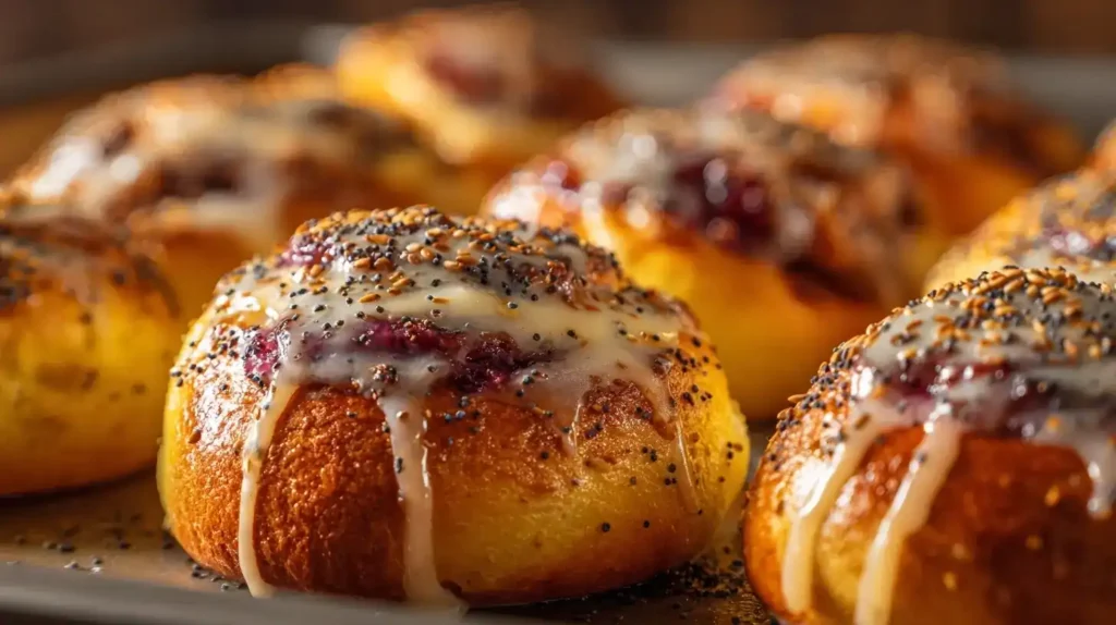 Frisch gebackene Pflaumen-Mohnschnecken mit Vanilleglasur