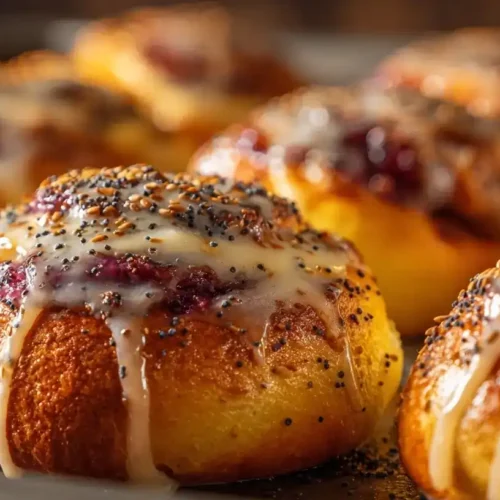 Frisch gebackene Pflaumen-Mohnschnecken mit Vanilleglasur