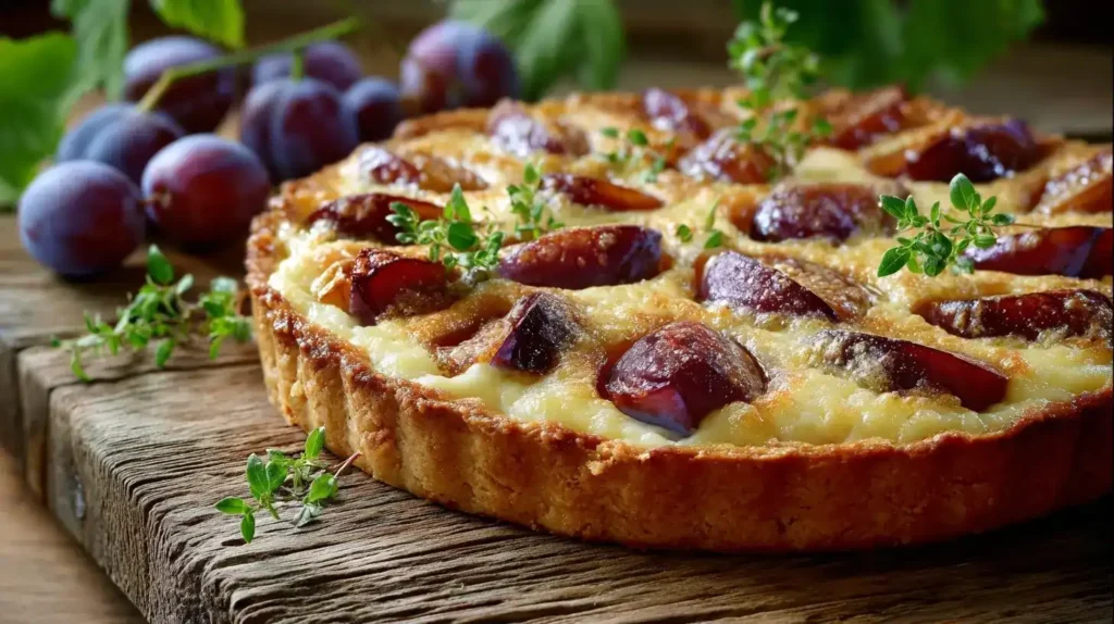 Ein Stück Pflaumen-Pudding-Tarte mit Mürbeteig und karamellisierten Pflaumen auf Teller