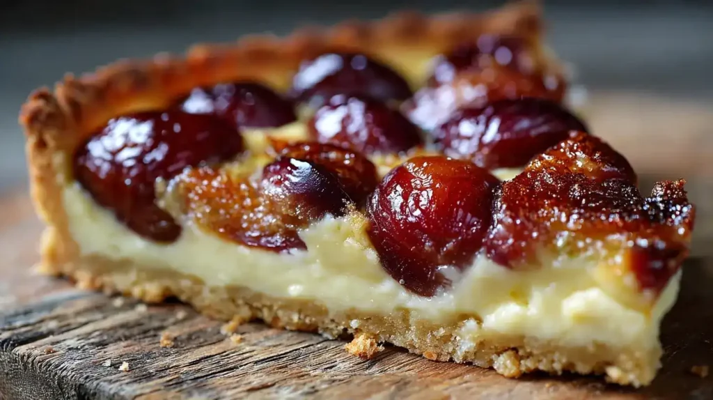 Pflaumen-Pudding-Tarte – Einfaches Familienrezept für saftigen Kuchen Pflaumen-Pudding-Tarte auf Tortenplatte mit Vanillepudding und saftigen Pflaumen