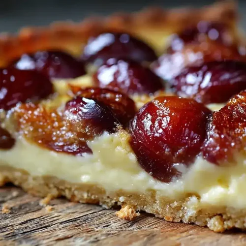Pflaumen-Pudding-Tarte auf Tortenplatte mit Vanillepudding und saftigen Pflaumen