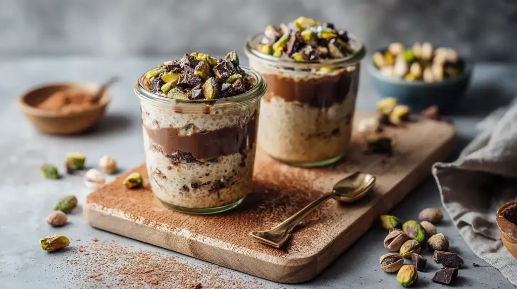 Pistazien-Schoko-Overnight Oats Cremige Pistazien-Schoko-Overnight Oats mit Topping aus Pistazienmus und dunkler Schokolade