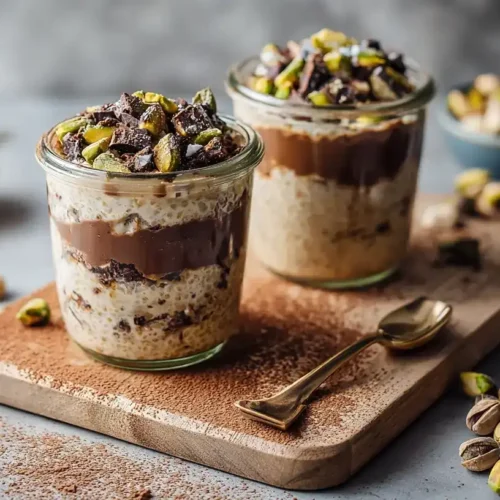 Cremige Pistazien-Schoko-Overnight Oats mit Topping aus Pistazienmus und dunkler Schokolade