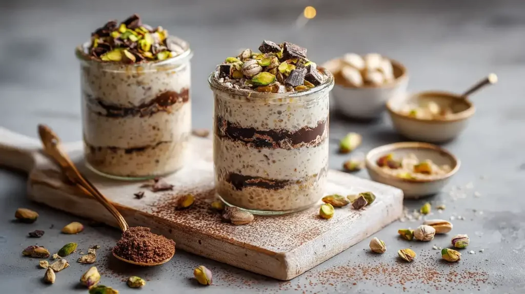 Pistazien-Schoko-Overnight Oats im Glas mit Pistazien und Schokolade serviert