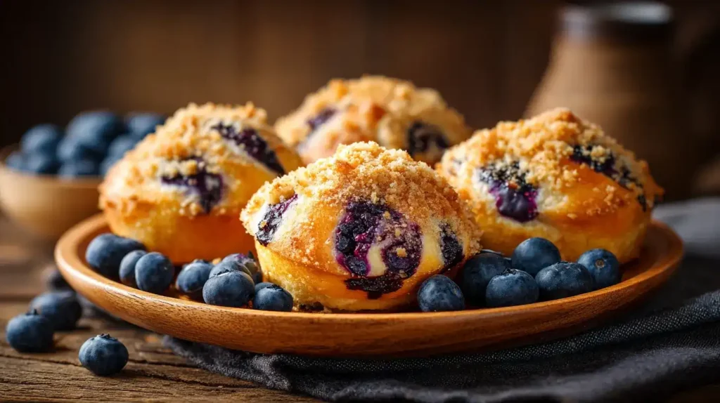 Nahaufnahme eines Polnischen Blaubeerbrötchens, saftige Heidelbeeren und knusprige Streusel sichtbar
