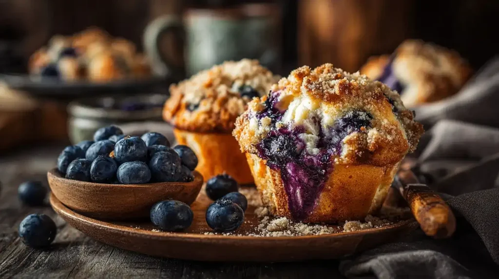 Frisch gebackene Polnische Blaubeerbrötchen mit Streuseln auf einem Holzbrett