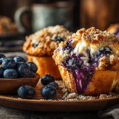Frisch gebackene Polnische Blaubeerbrötchen mit Streuseln auf einem Holzbrett