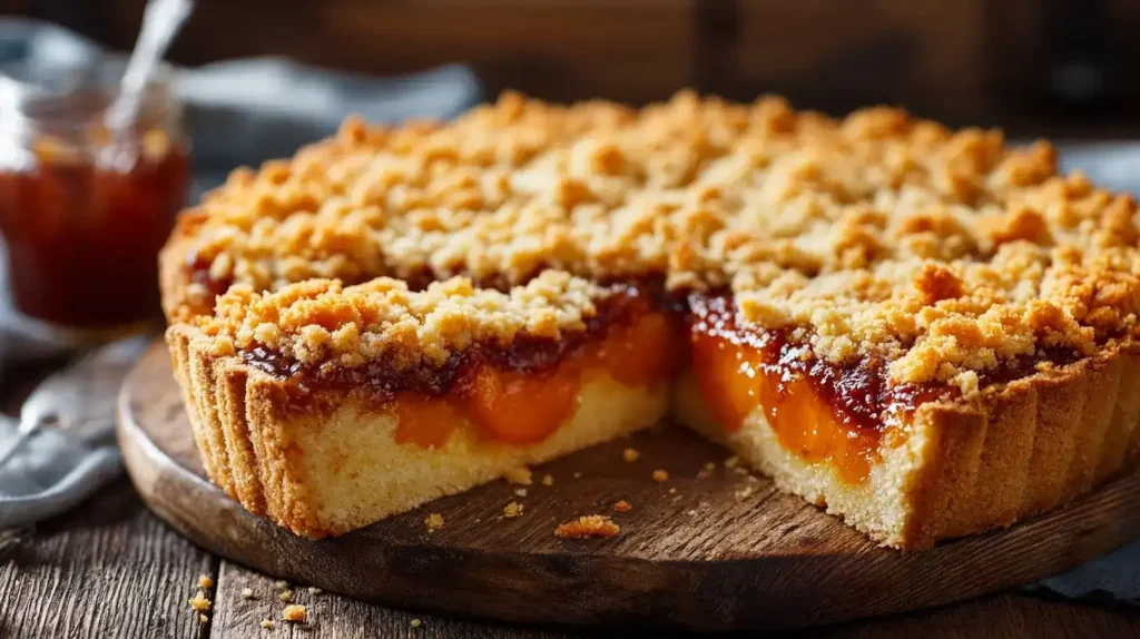 Frisch gebackener Prasselkuchen mit goldenen Streuseln und Aprikosenmarmelade auf Holzbrett