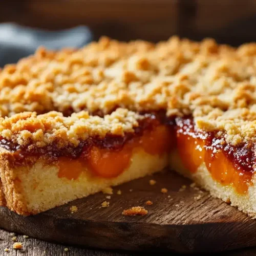 Frisch gebackener Prasselkuchen mit goldenen Streuseln und Aprikosenmarmelade auf Holzbrett