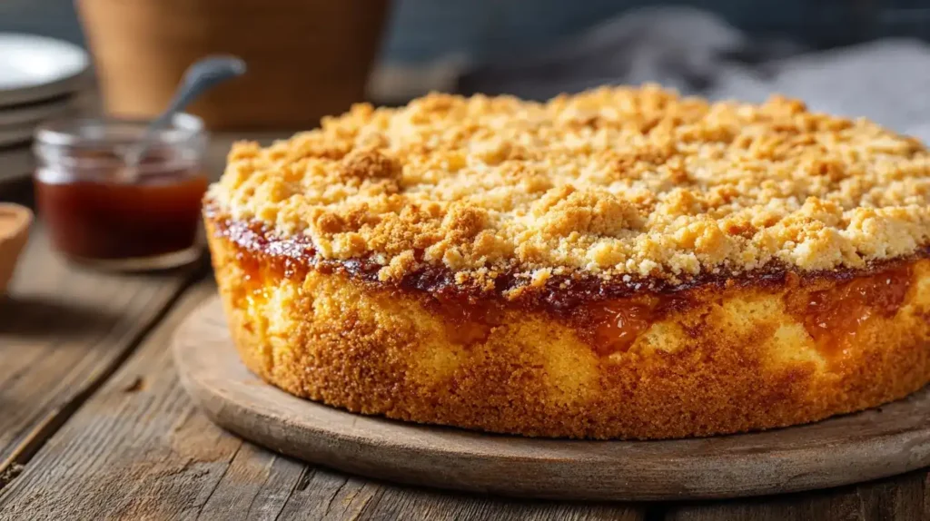 Frisch gebackener Prasselkuchen mit goldenen Streuseln und Aprikosenmarmelade auf Holzbrett