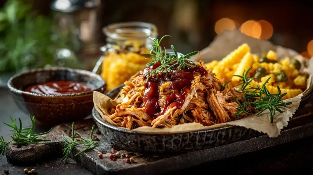 Saftiges Pulled Pork aus der Heißluftfritteuse, zerpflückt mit Gabel, angerichtet zum Servieren