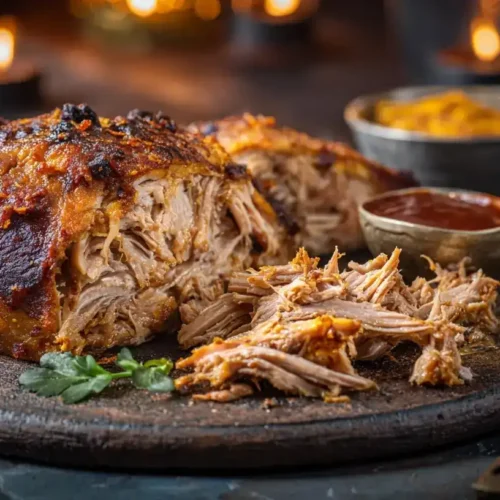 Pulled Pork aus der Heißluftfritteuse serviert auf einem Teller mit BBQ-Soße
